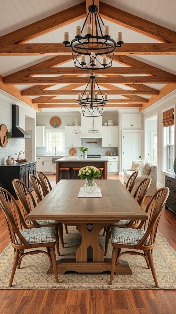 A modern farmhouse dining area featuring a large wooden table, elegant chairs, and exposed wooden beams.