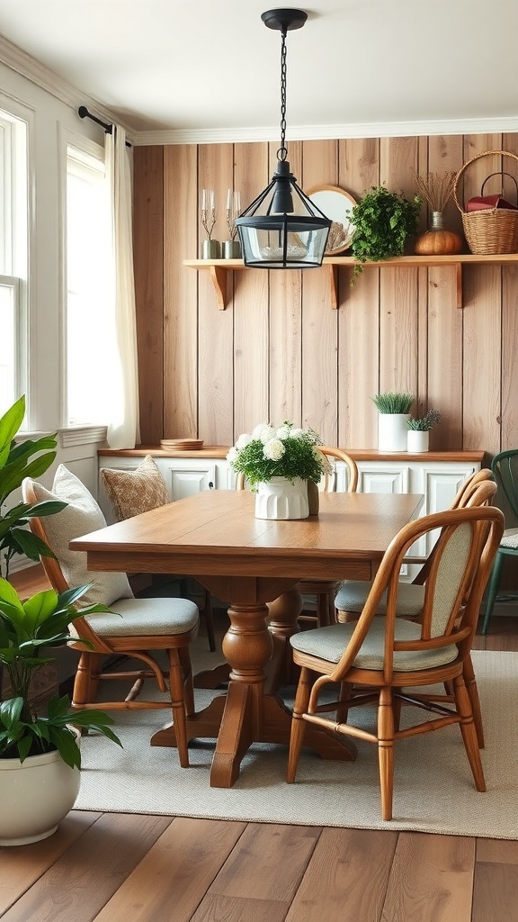 A cozy farmhouse dining area featuring a wooden table and comfortable chairs.