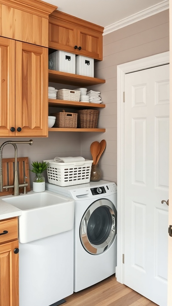 Cozy farmhouse laundry room with wooden cabinets, open shelves, and a white sink.