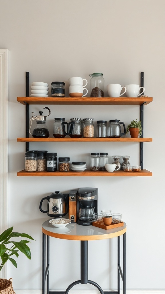 A functional floating coffee shelf with wooden shelves, coffee mugs, jars, and a round table with a coffee maker.