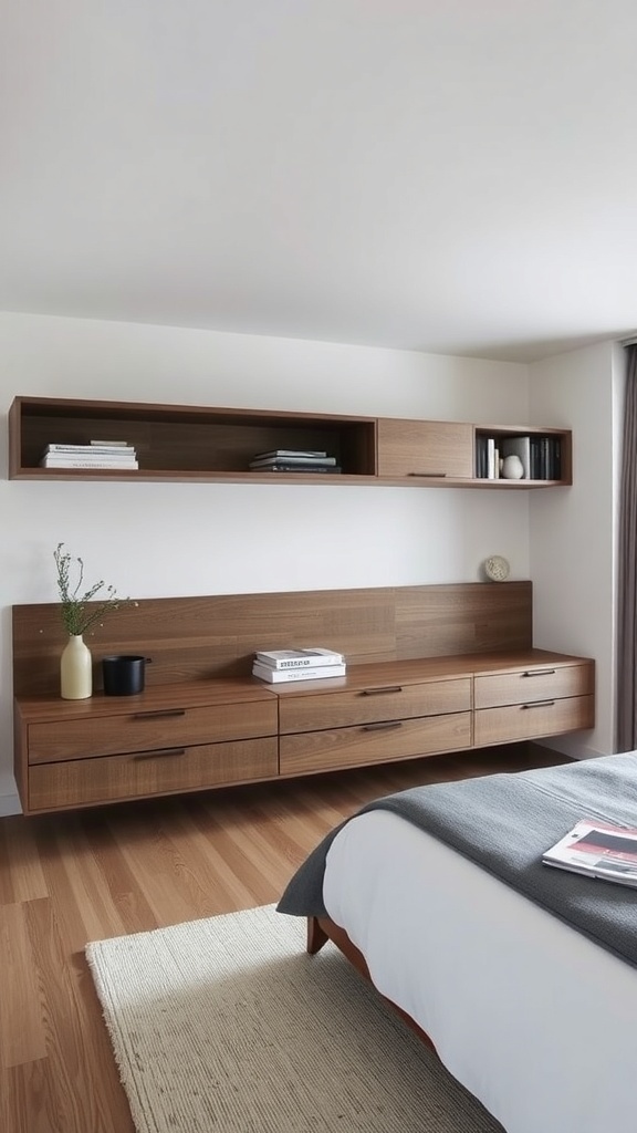 A serene Japandi bedroom featuring a low-profile floating bed, wooden furniture, and large windows.