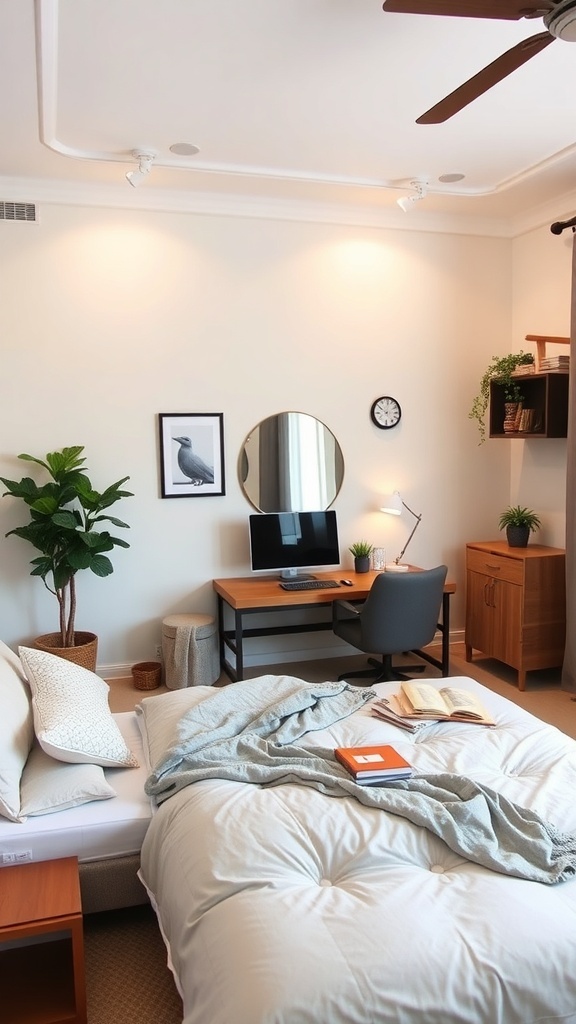 A cozy bedroom with a functional furniture arrangement featuring a bed, desk, and plants.