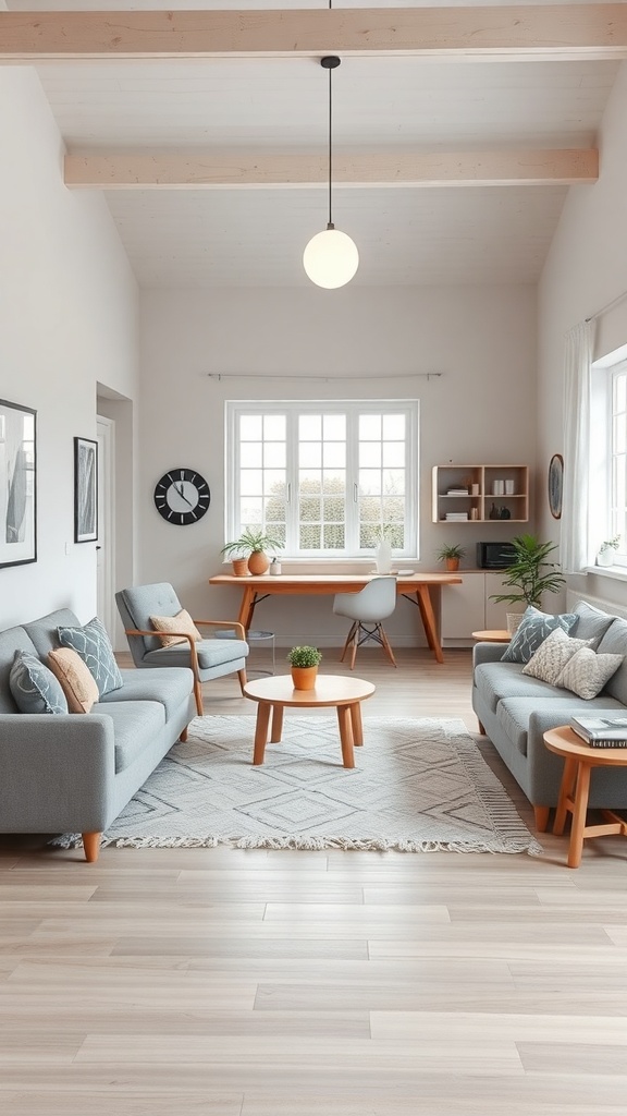 A bright Scandinavian living room featuring functional furniture, including gray sofas, a wooden coffee table, and a workspace.