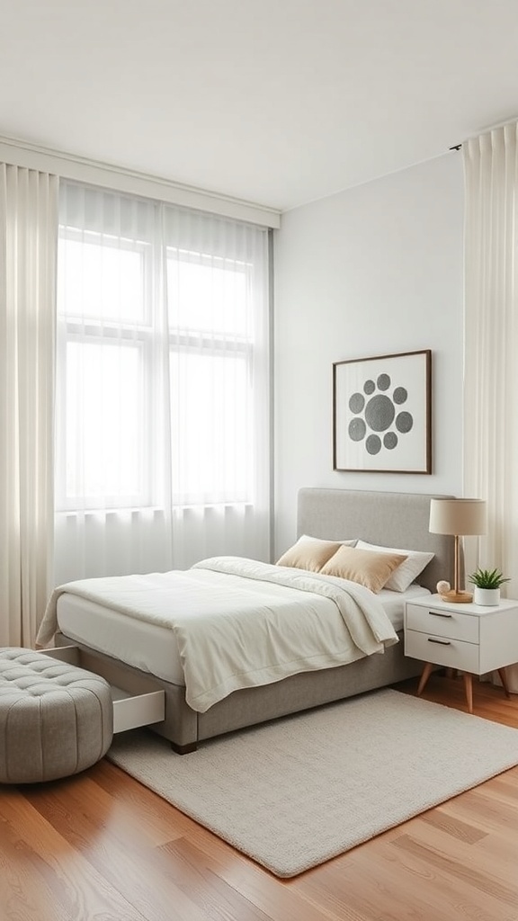 Cozy small bedroom with a low-profile bed, nightstand, round ottoman, and large windows