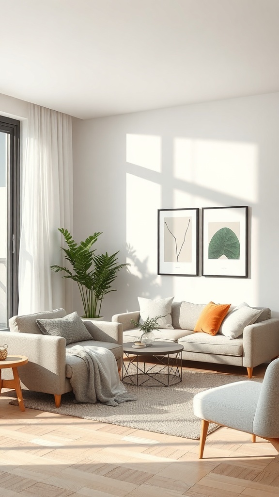 A cozy Japandi-style living room with minimalist furniture and natural light.