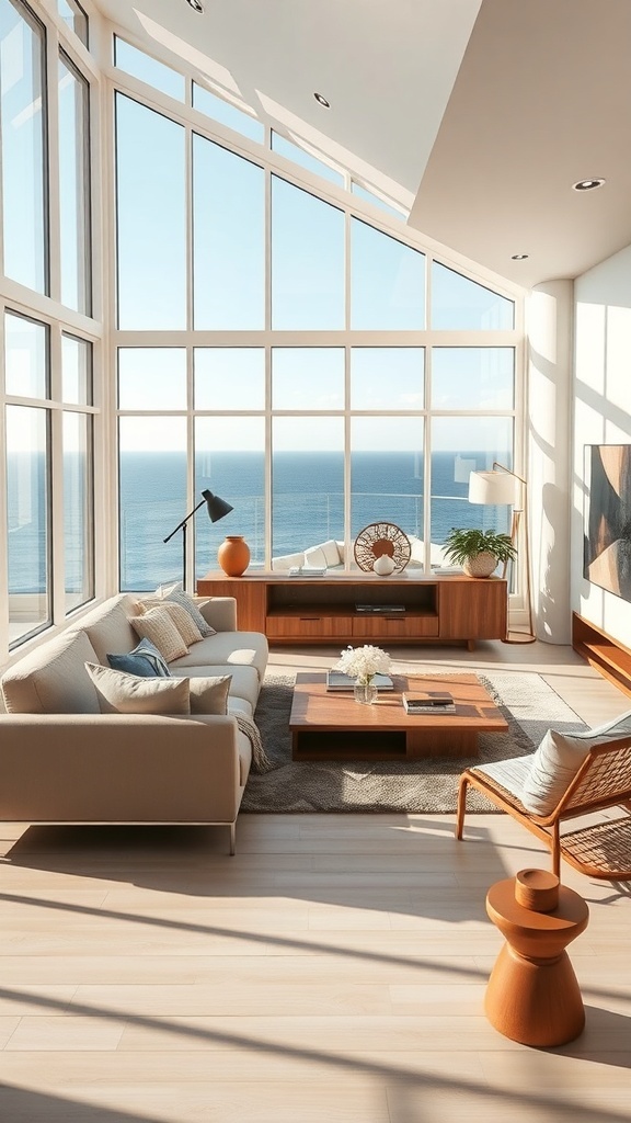 A bright living room with large windows overlooking the ocean, featuring minimalist furniture.
