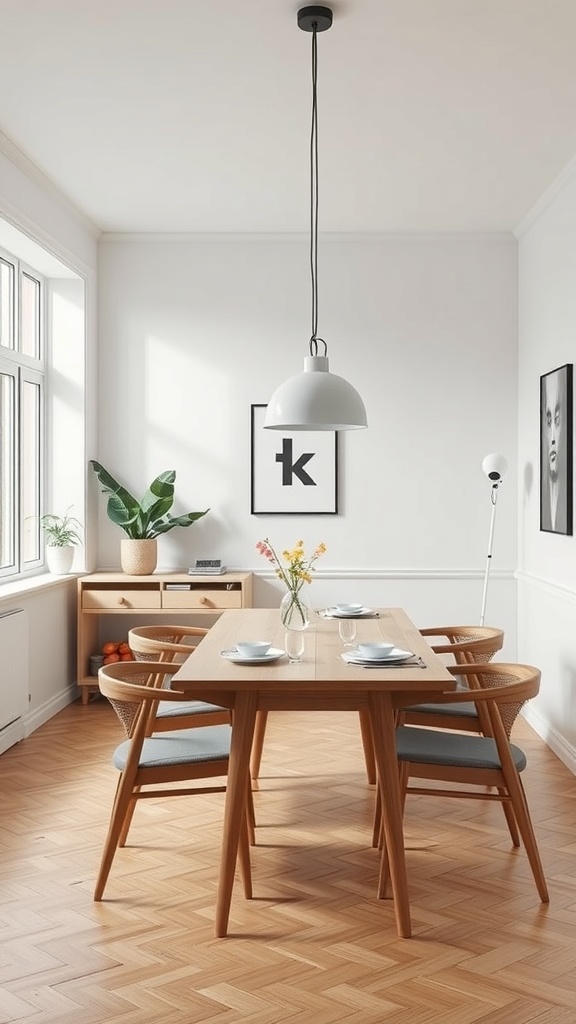 A modern Scandinavian dining area featuring a wooden table, stylish chairs, and minimalist decor.