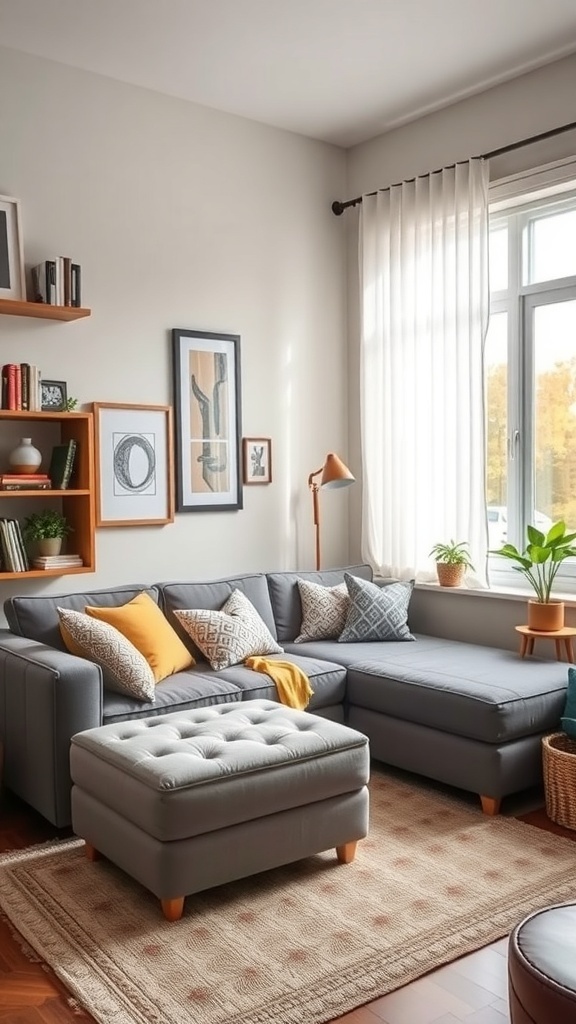 A stylish small living room with a gray sofa, ottoman, side table, and plant.