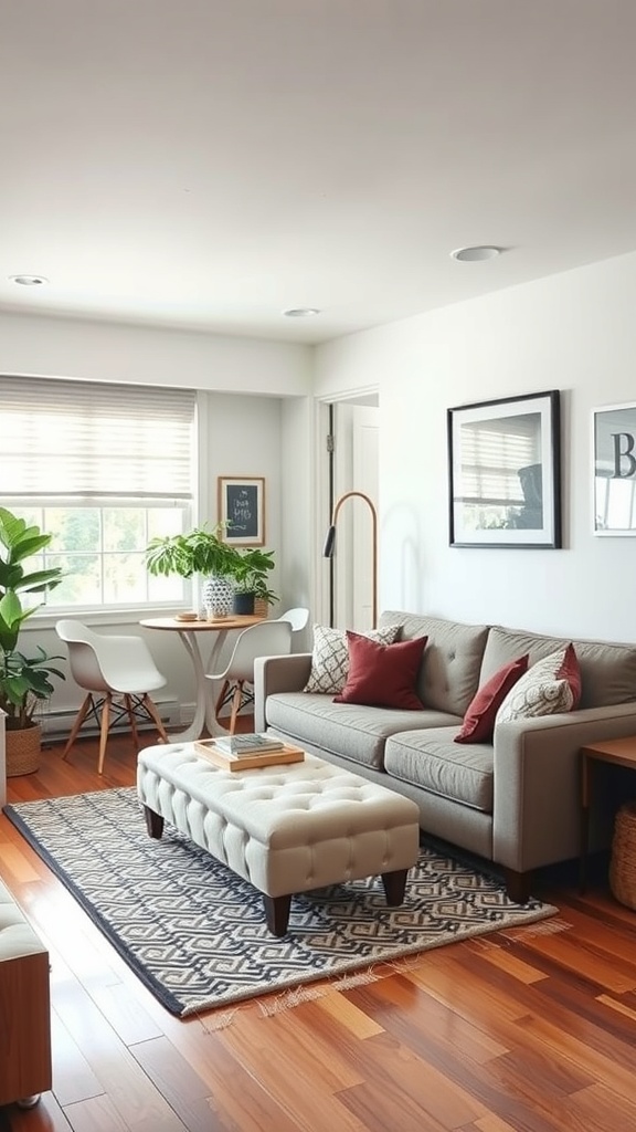 A cozy living room featuring a multi-purpose ottoman, stylish sofa, and a small dining table.
