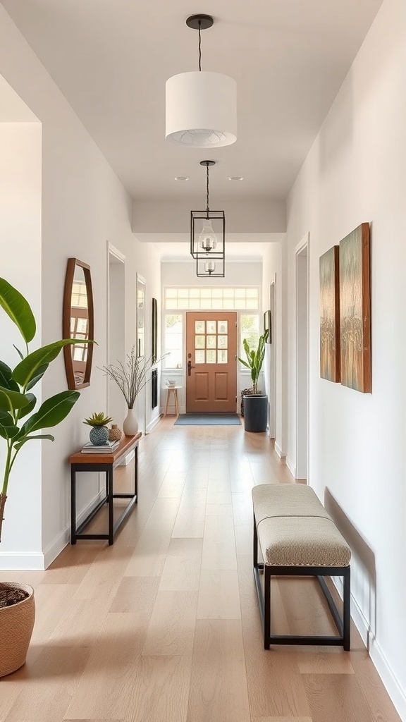 A modern bungalow hallway featuring a bench, console table, plants, and stylish lighting.