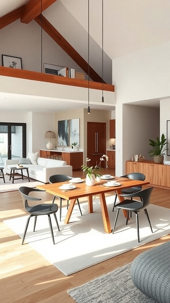 An open concept living and dining room with a wooden dining table, black chairs, and a cozy sofa.