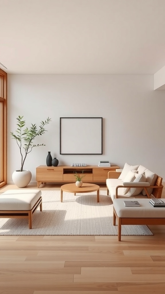 A minimalist living room featuring wooden furniture, a round coffee table, and plants, exemplifying Japandi style.
