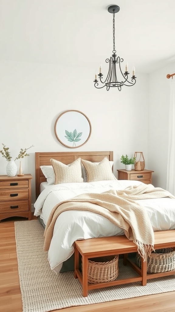 A cozy minimalist farmhouse bedroom featuring a wooden bed, nightstands, and a decorative chandelier.
