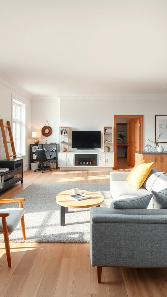 A minimalist Scandinavian living room featuring a gray sofa, round coffee table, and light wood flooring.