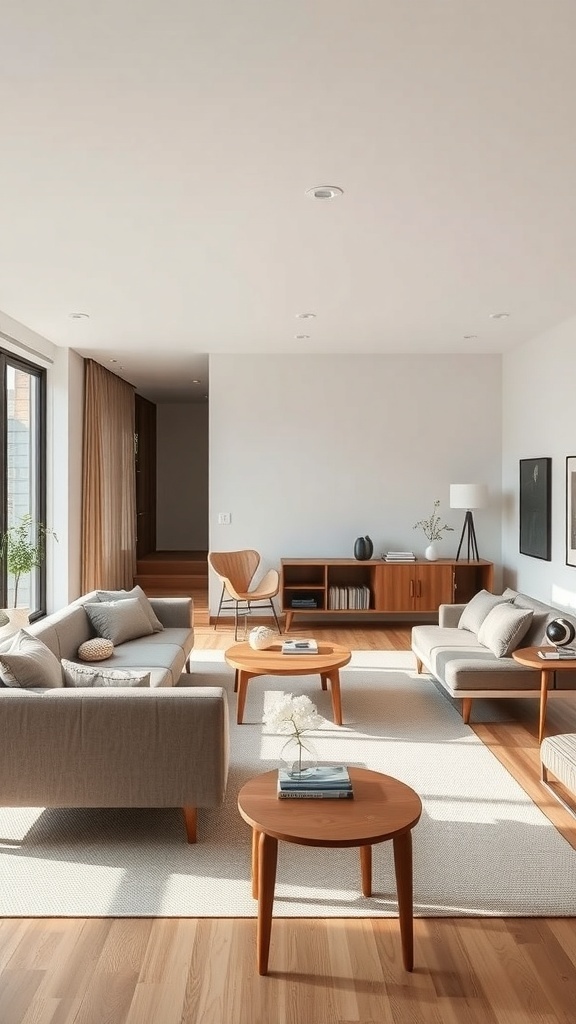 A minimalist living room featuring neutral-toned sofas, wooden coffee tables, and a sleek chair, showcasing Japandi style.
