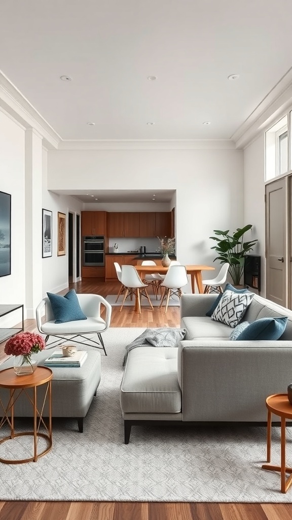 A cozy living room and dining area featuring a light gray sofa, ottoman, and stylish dining table with chairs.