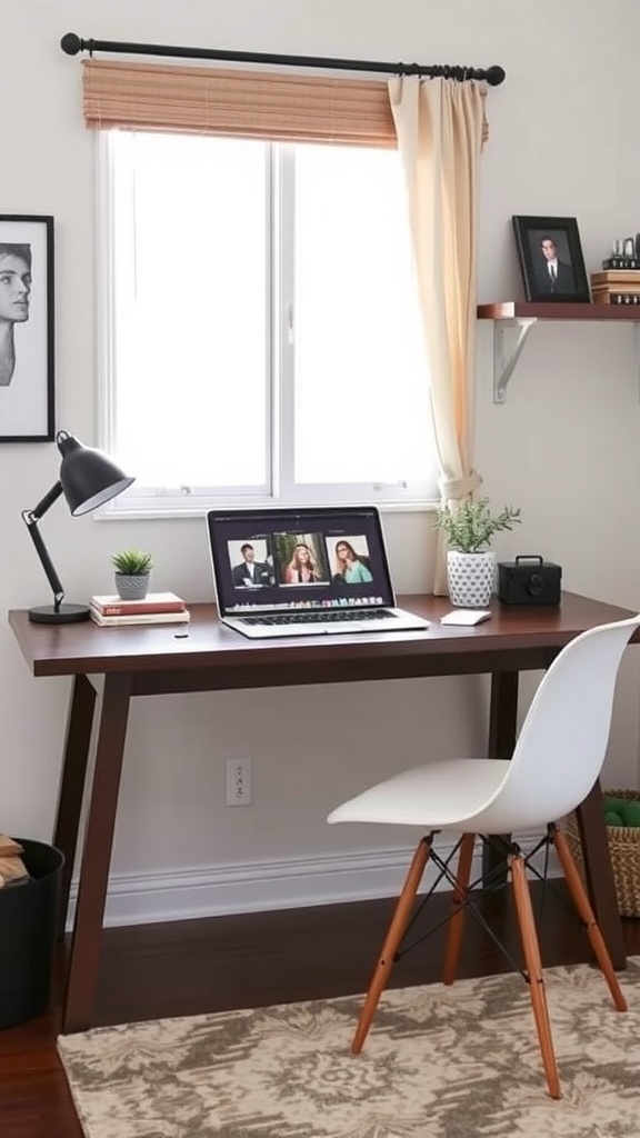A stylish and functional home office setup featuring a white desk, colorful chair, and plants.