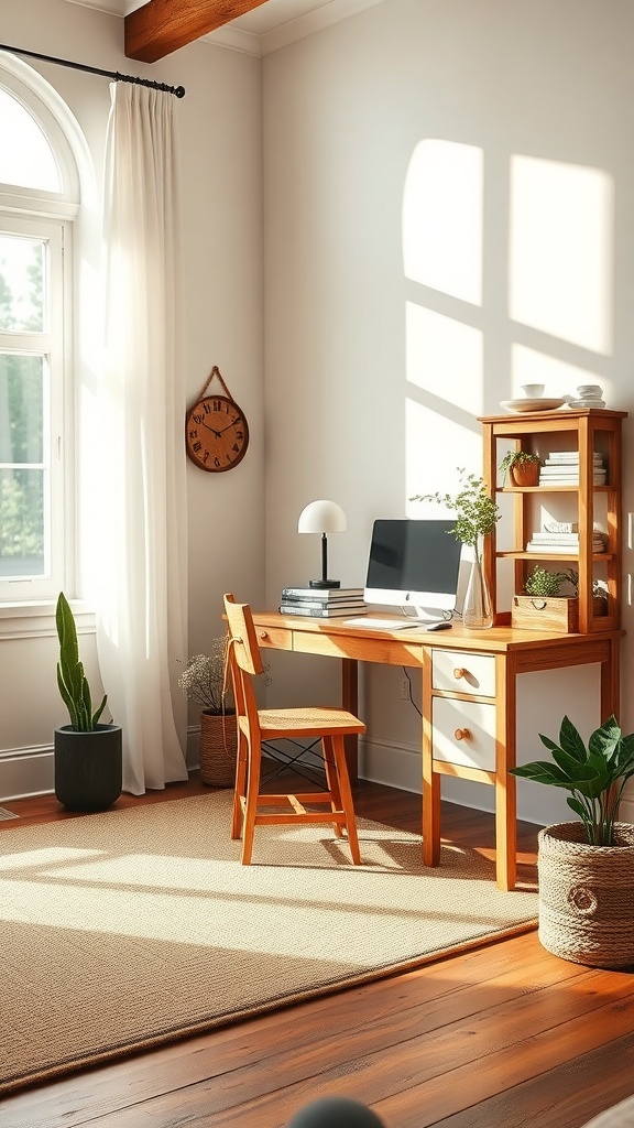 Bright home office with wooden desk, chair, and plants, showcasing natural light.