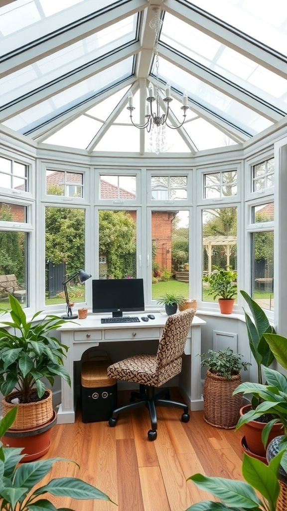 A bright conservatory workspace featuring a desk, computer, and plants.