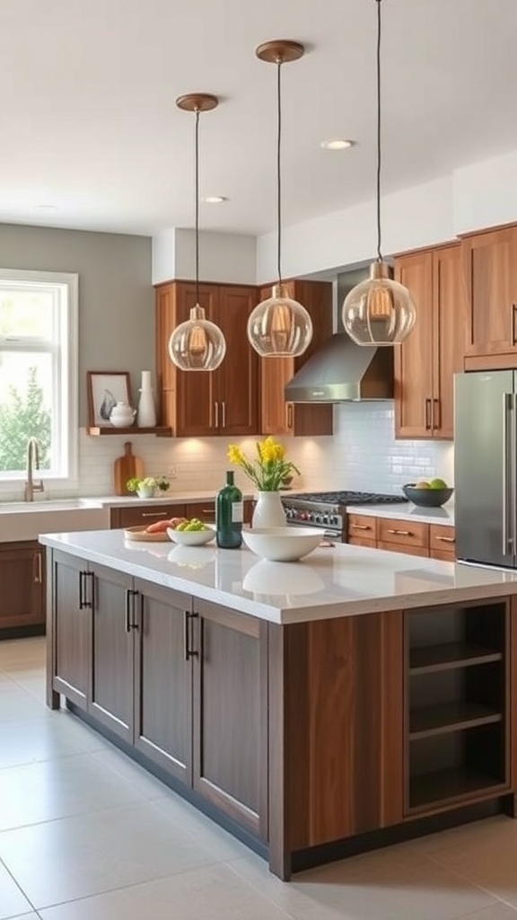 Modern luxury kitchen with a marble island and wooden cabinets