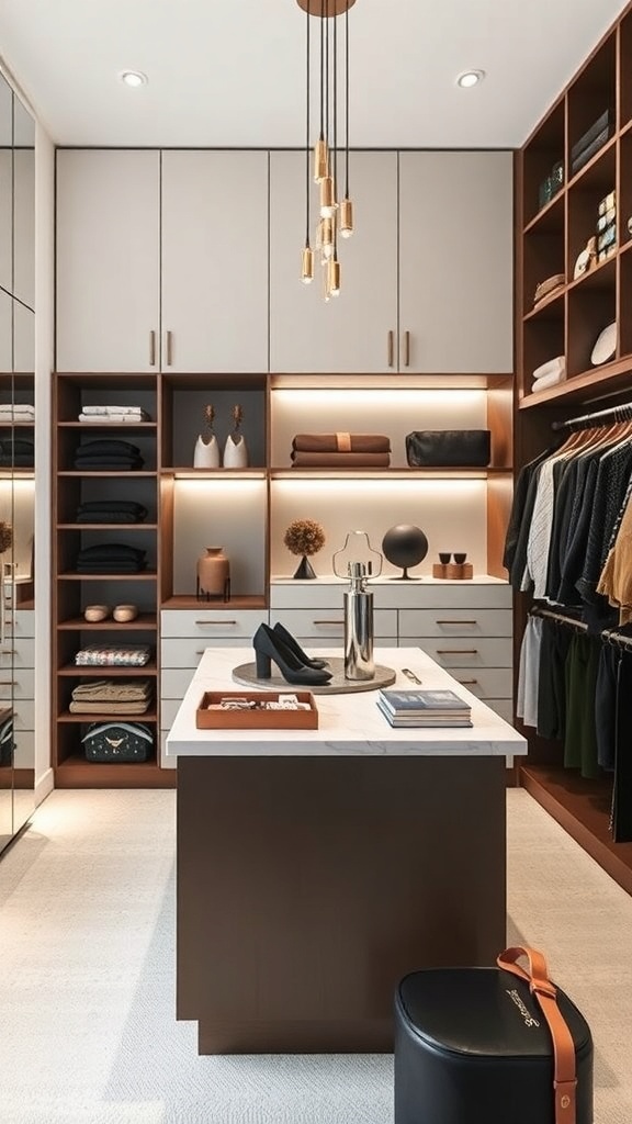 A modern walk-in closet featuring a functional island with a marble top, surrounded by organized shelves and elegant lighting.