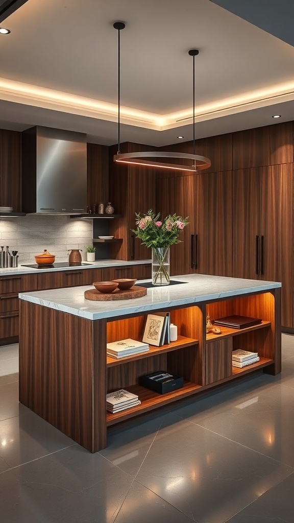 A modern kitchen island with hidden storage, featuring a marble countertop and wooden cabinetry, illuminated by pendant lights.
