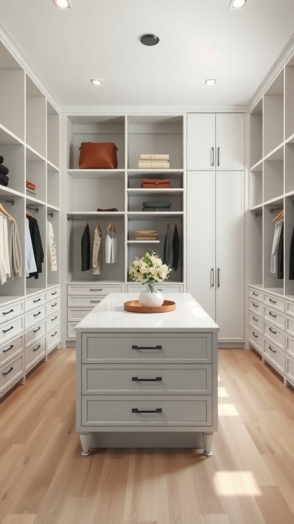 A minimalist walk-in closet featuring a functional island with seating, drawers, and organized clothing.