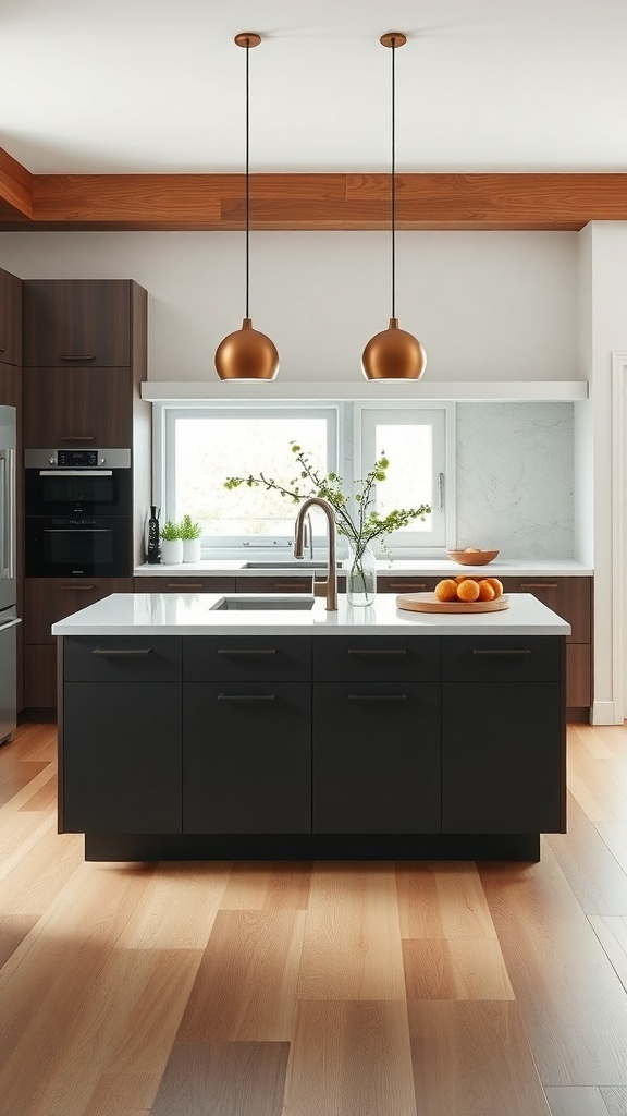 Modern Scandinavian kitchen with a functional island featuring ample storage and stylish pendant lights.
