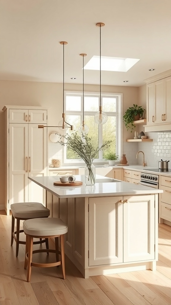 A stylish kitchen island with pendant lights, surrounded by warm wood tones and elegant decor.