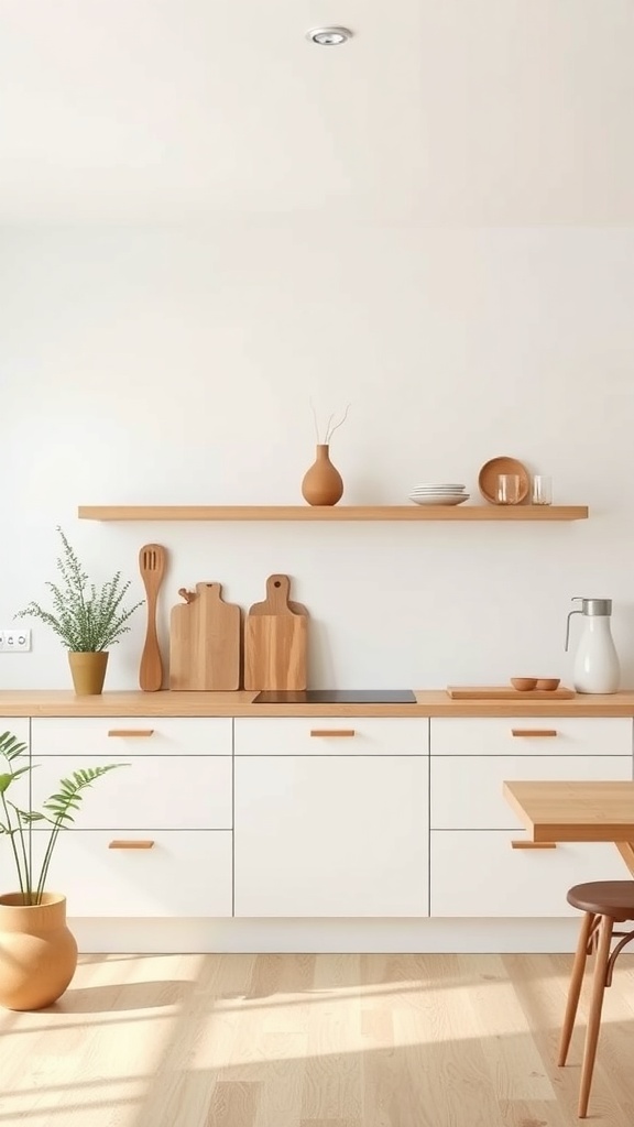 Minimalist Japandi style kitchen with white cabinetry and wooden accents