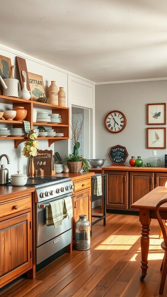 A rustic farmhouse kitchen with wooden cabinets, open shelving, and a cozy atmosphere.