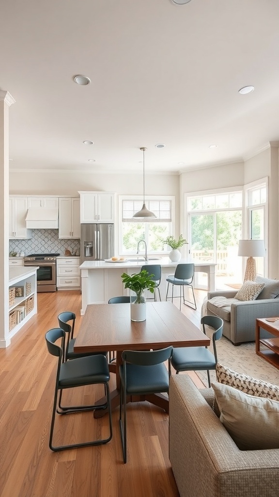 An open concept living and dining area featuring a modern kitchen with white cabinets, a dining table, and cozy seating.