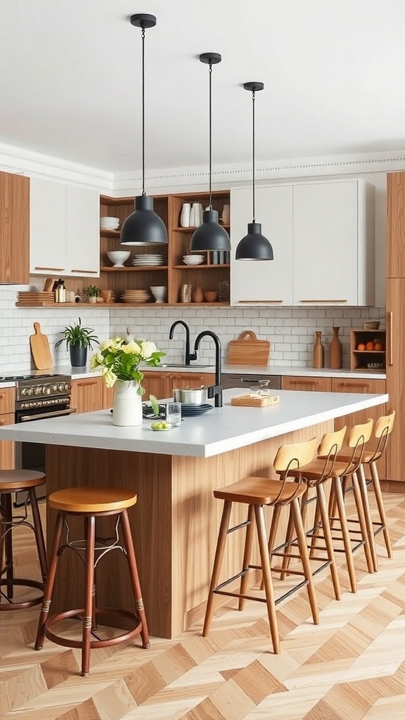 A modern Scandinavian kitchen featuring a functional island with bar stools, warm wood cabinetry, and stylish pendant lights.