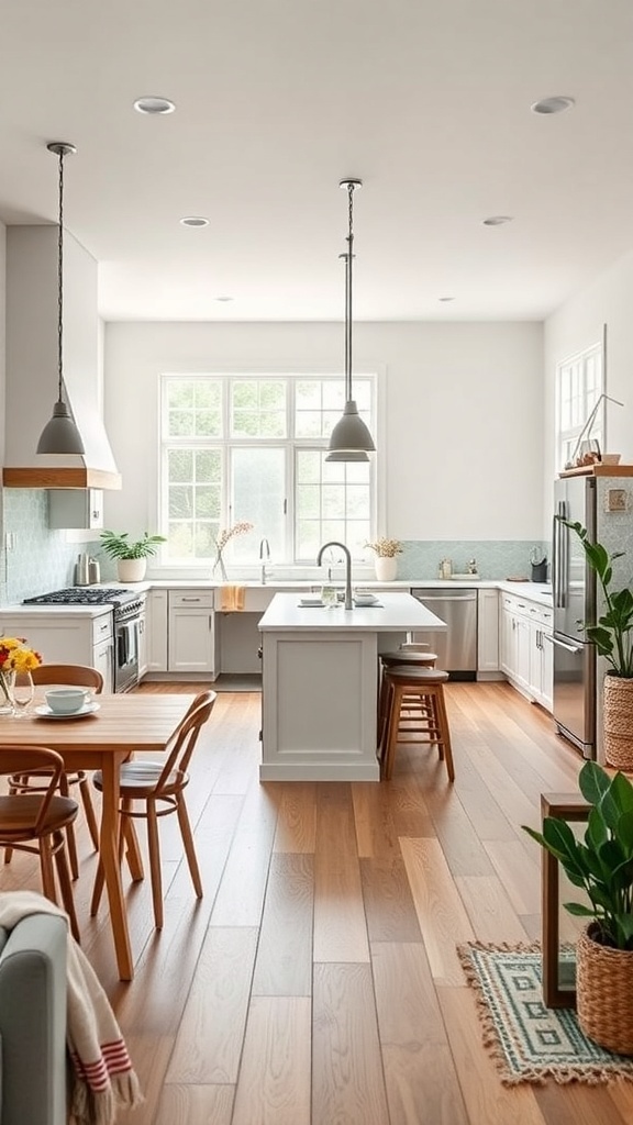 A modern farmhouse kitchen featuring a spacious island with seating, warm wood flooring, and stylish decor.