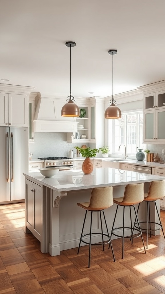 A modern kitchen with a stylish island, featuring bar stools and pendant lights.