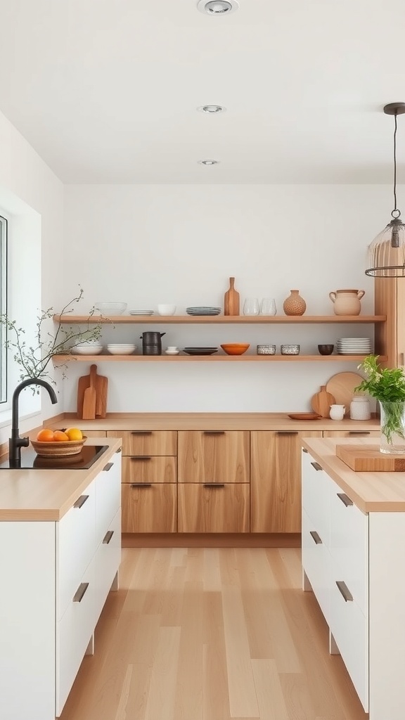 A stylish Scandinavian kitchen featuring wooden cabinets, open shelves, and a minimalist design.