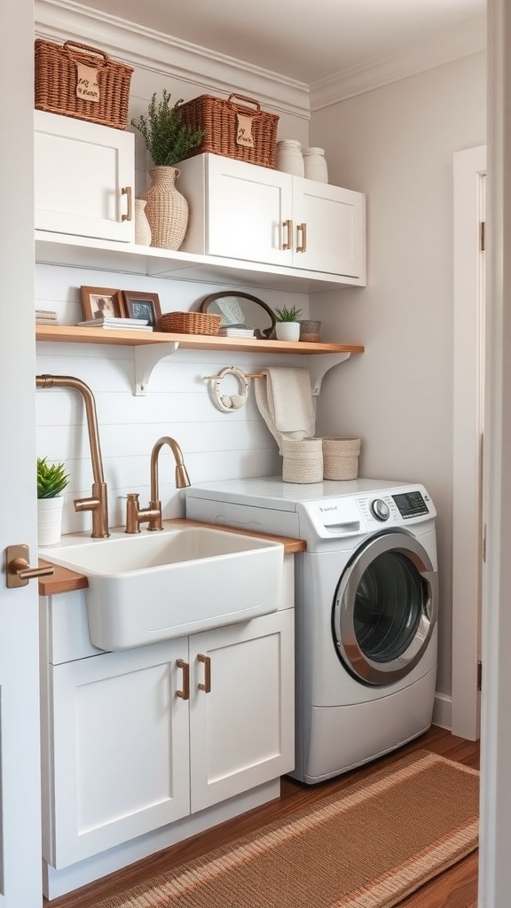 A stylish and functional laundry room featuring white cabinetry, a modern sink, and decorative elements.