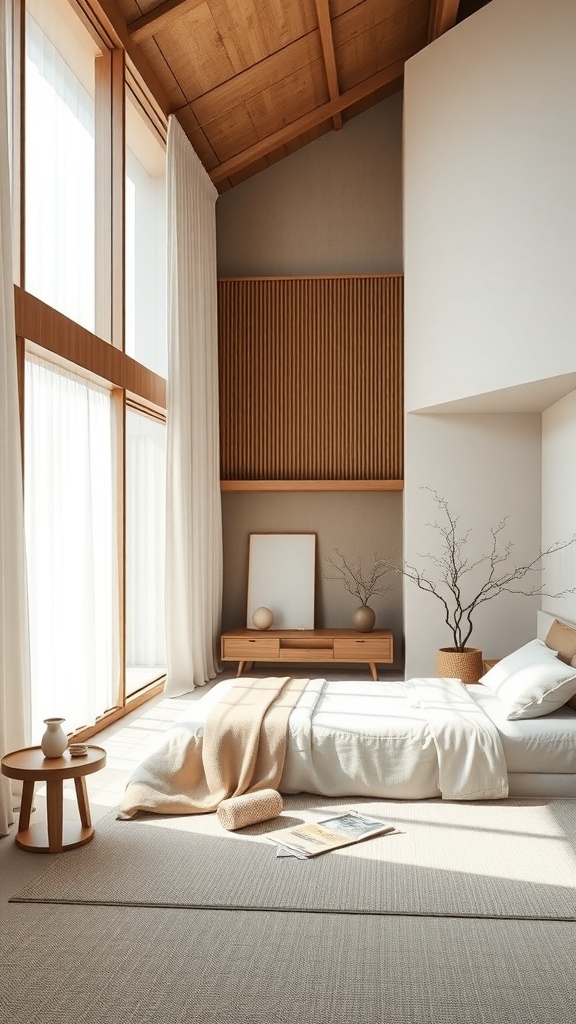 A serene Japandi bedroom featuring large windows, wooden accents, and minimal decor.