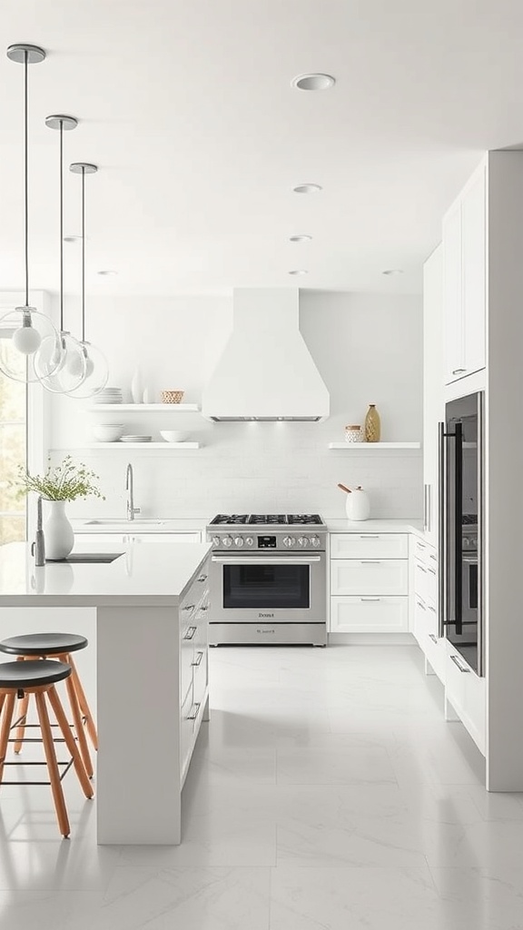 A modern white kitchen featuring a spacious layout, sleek appliances, and minimalist design.