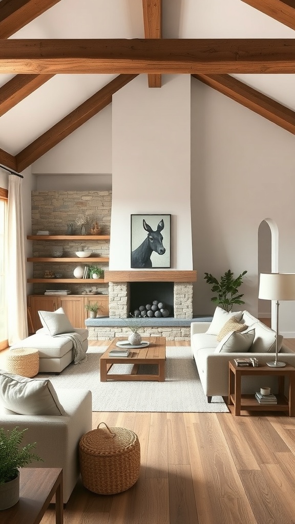 A minimalist rustic living room featuring wooden beams, a stone fireplace, and cozy furniture arrangement.