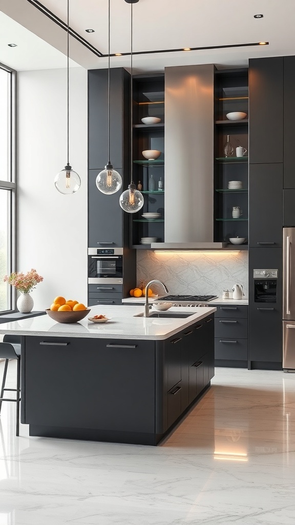 Modern kitchen with dark cabinetry, marble countertops, and smart storage solutions