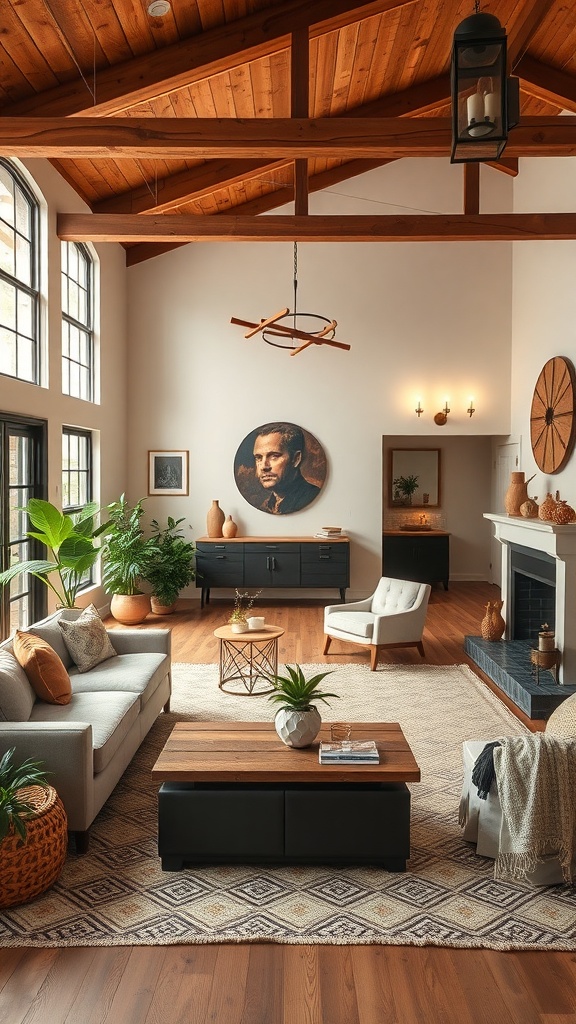 Cozy living room with high ceilings, large windows, and a functional layout featuring a sofa, coffee table, and plants.