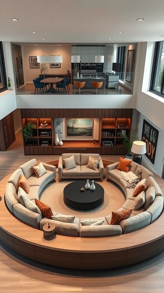 A modern sunken lounge with circular seating, a central coffee table, and large windows.