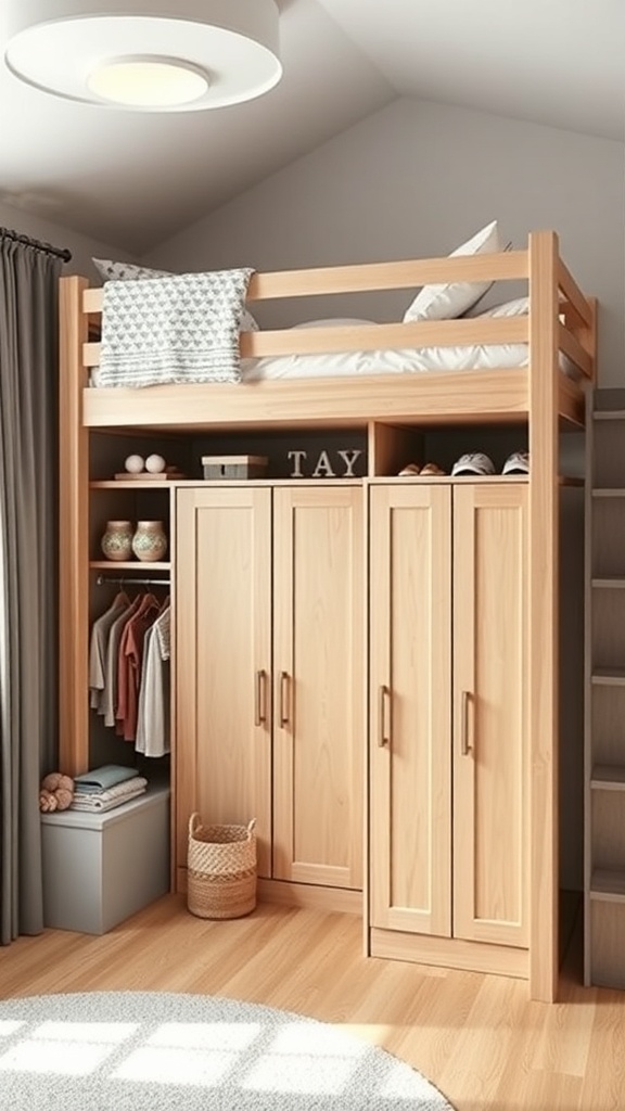 A functional loft bed with a wardrobe underneath, featuring a wooden structure and organized storage.