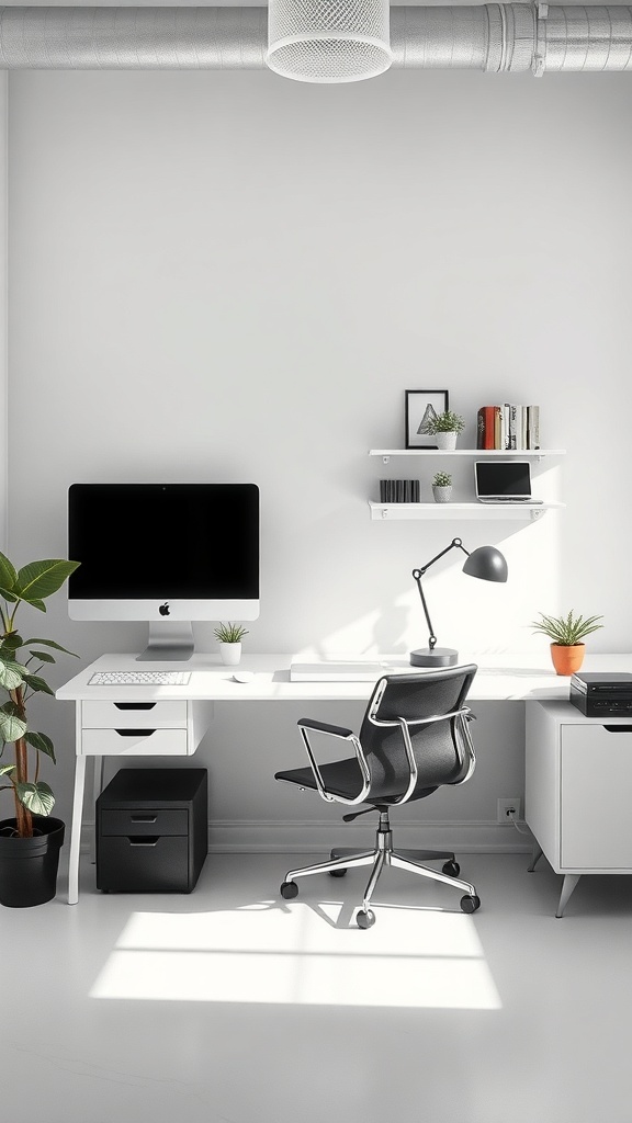 A minimalist home office with a white desk, computer, and plants.