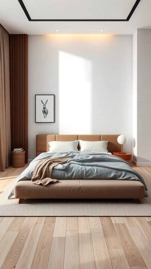 A minimalist bedroom featuring a low-profile bed, soft bedding, and natural wood elements.