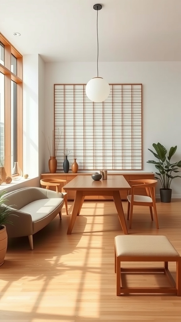 A minimalist interior featuring functional furniture with natural materials.