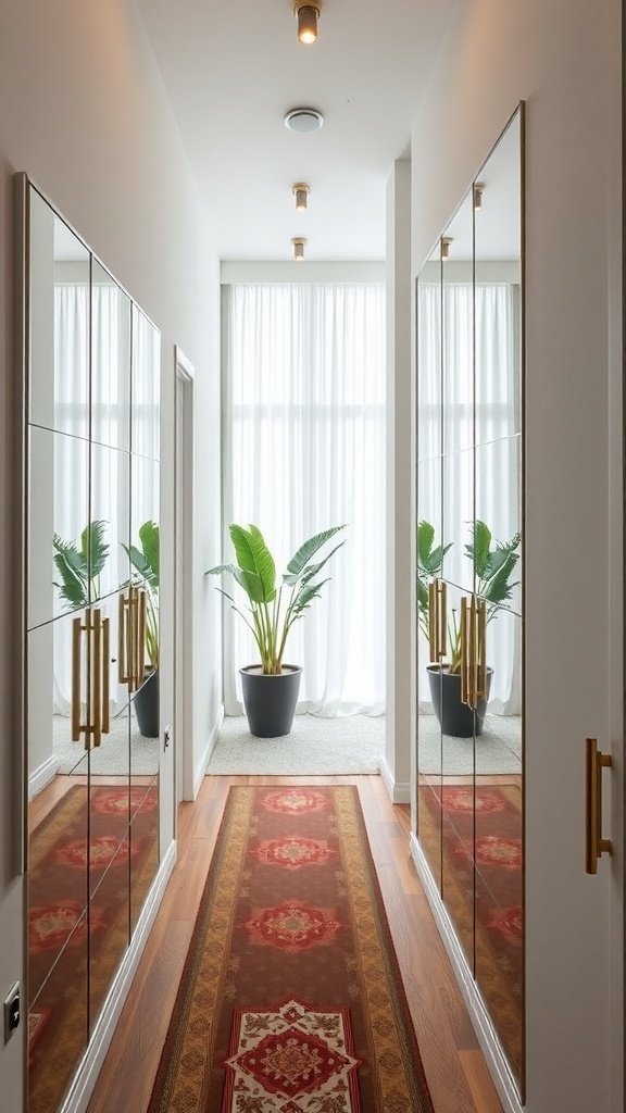 A narrow hallway featuring functional mirror cabinets, plants, and a decorative rug.