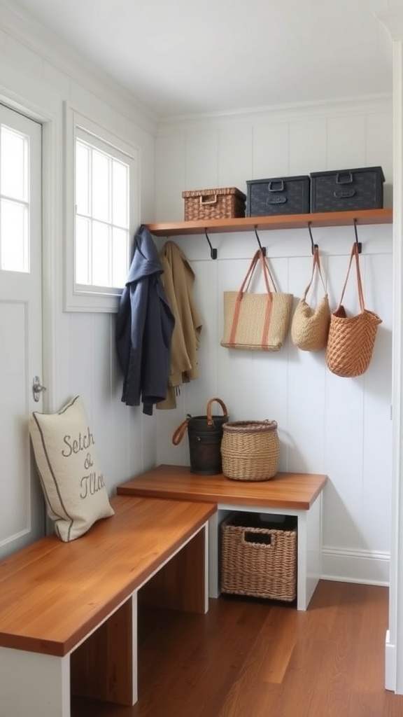 A functional mudroom featuring a wooden bench, storage baskets, and hooks for coats.