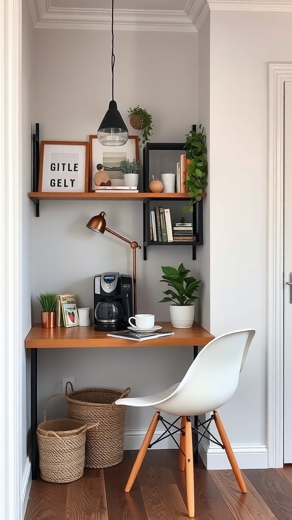 A cozy coffee nook featuring a wooden desk, coffee maker, plants, and stylish decor.